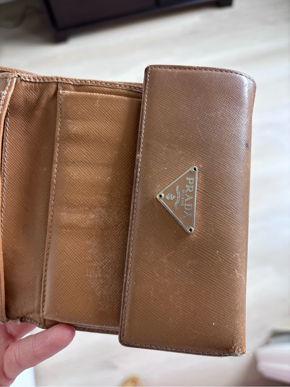 Prada Brown Saffiano Leather Bifold Wallet with Metal Triangle Logo
